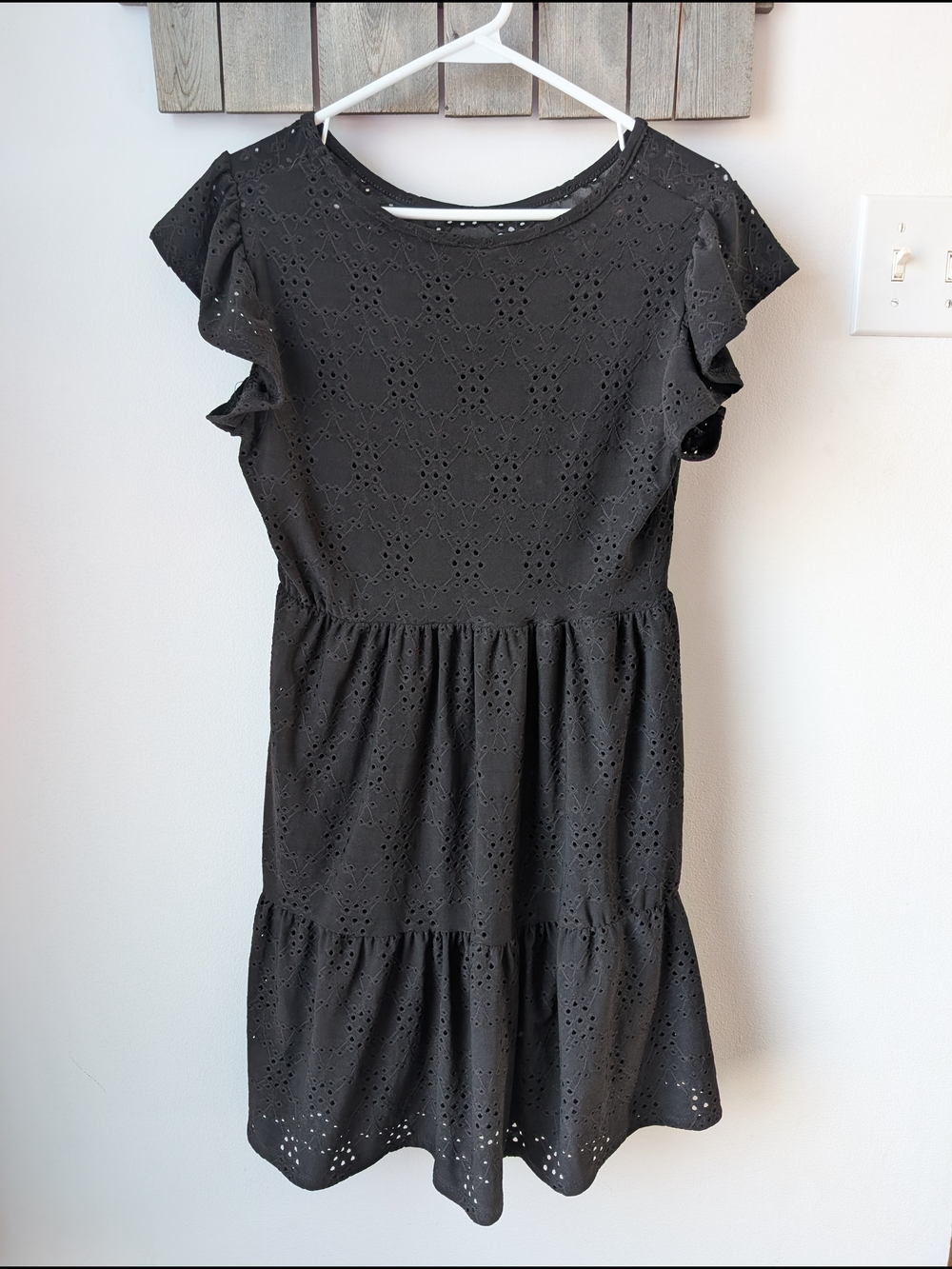 Women’s Black Eyelet Mini Dress with Flutter Sleeves